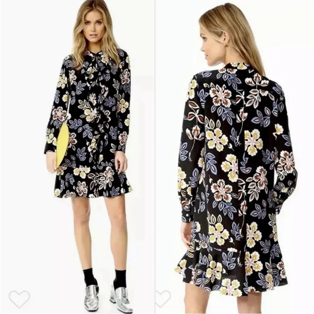 Tory Burch Jane Floral Silk Shirt Dress Black hopewell Print Size 6‎